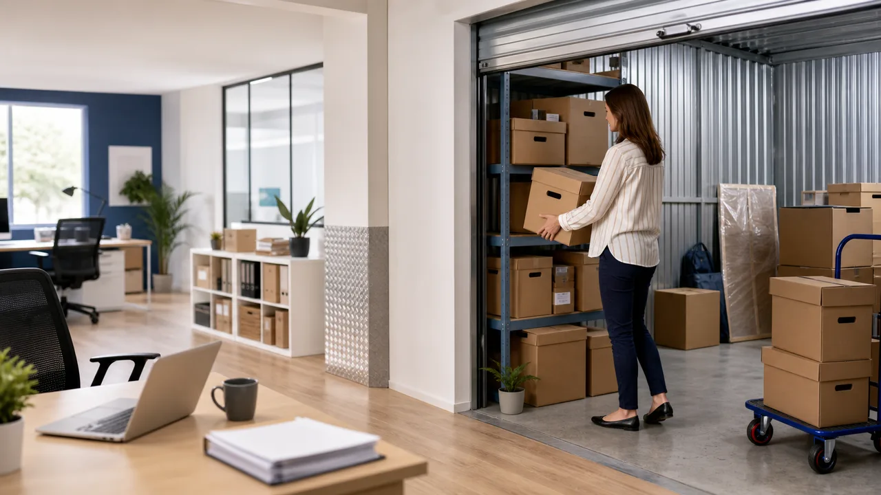 Bureaux de TPE réorganisés avec cartons de self-stockage professionnel
